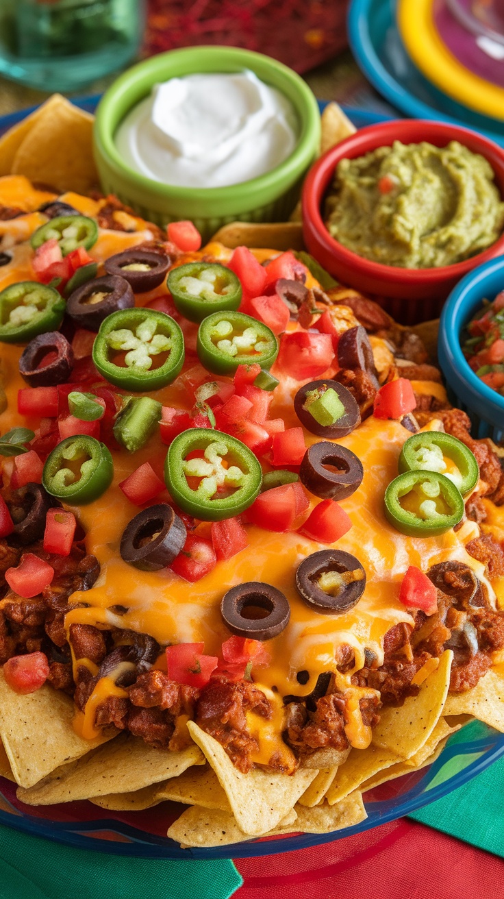 A colorful display of loaded nachos with cheese and jalapeños, served with dips on a festive table.